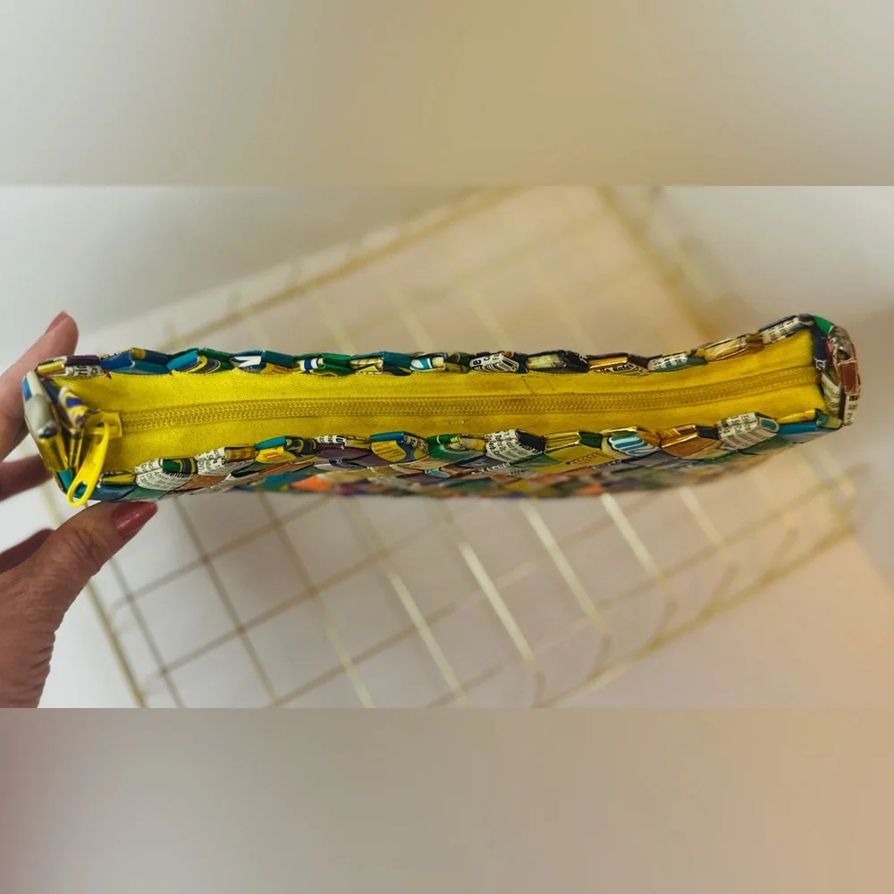 Vintage Handmade Candy Wrapper Clutch Bag Multicolor With Yellow Zipper